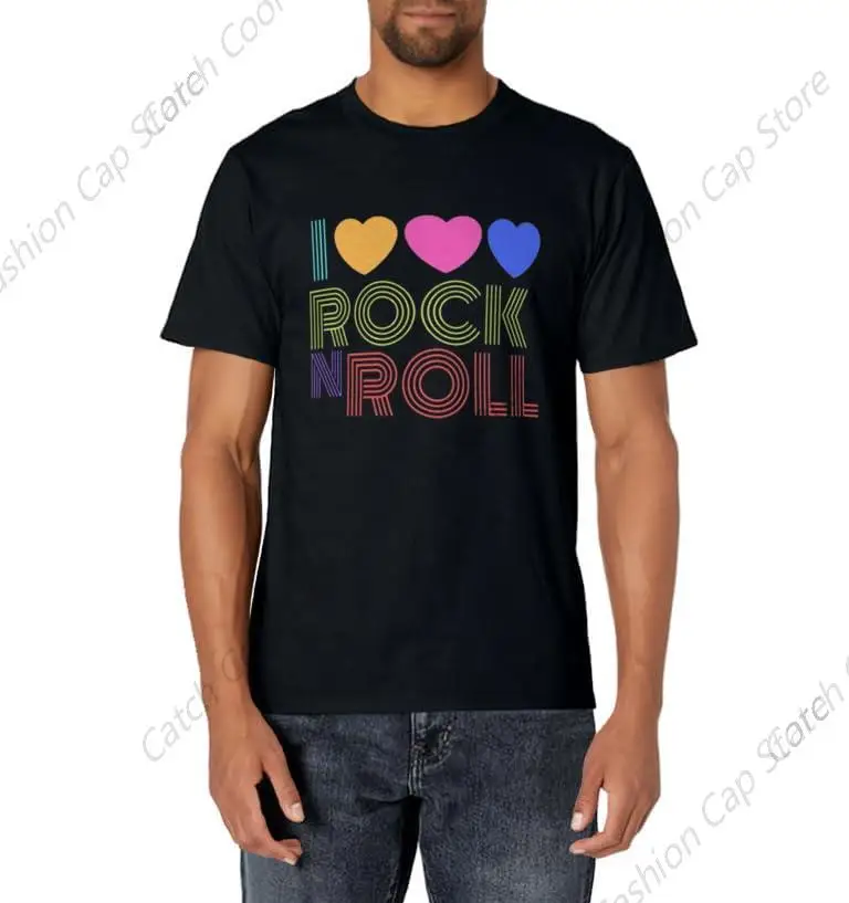 Retro I Love Rock N Roll T-Shirt Short Sleeve Cotton Daily Travel Summer Breathable Casual Round Neck Sports Fashion Tops