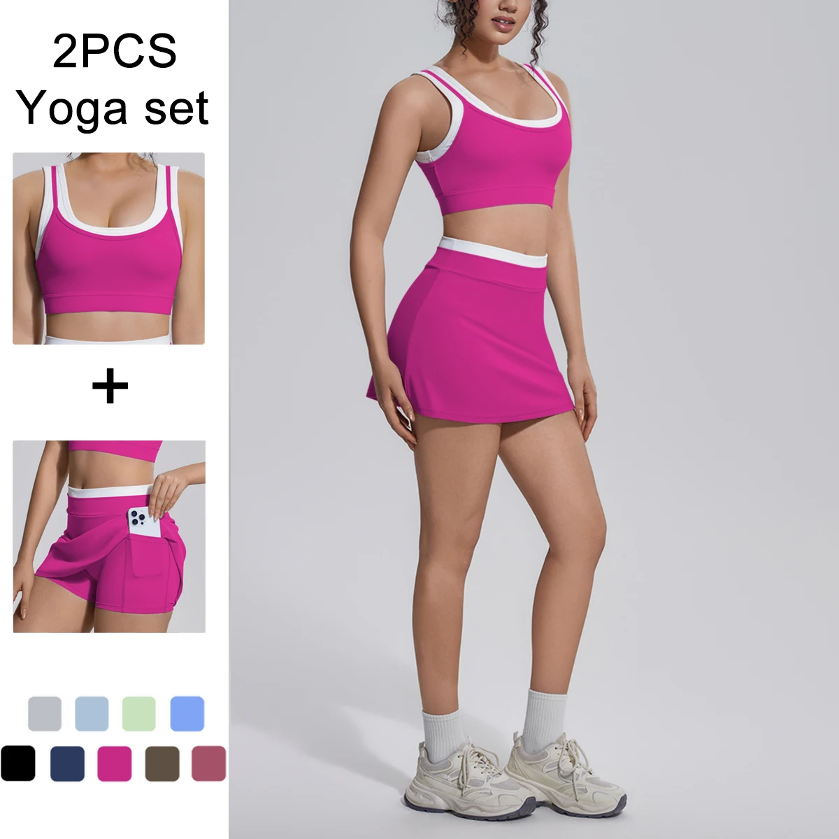 New 2PCS Yoga Set Women Sexy Beautiful Back False Two-piece Yoga Bra Color Blocking Breathable Hip-lifting Pockets Tennis Skirt