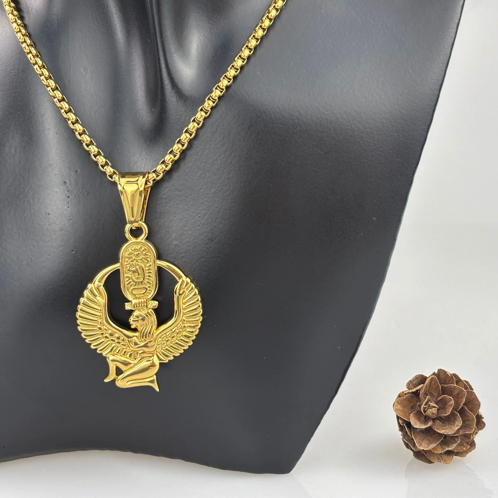 `Men Egyptian Winged Goddess Pendant Necklace 316L Stainless Steel Gold Plated Scarab Hieroglyph Vintage Ethnic Hip Hop Fashion