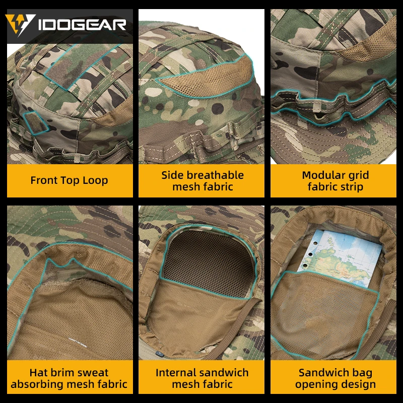 IDOGEAR التكتيكية Boonie قبعة الغابة قبعات للحماية من الشمس قابل للتعديل تنفس واسعة حافة قبعة لصيد الأسماك 3623