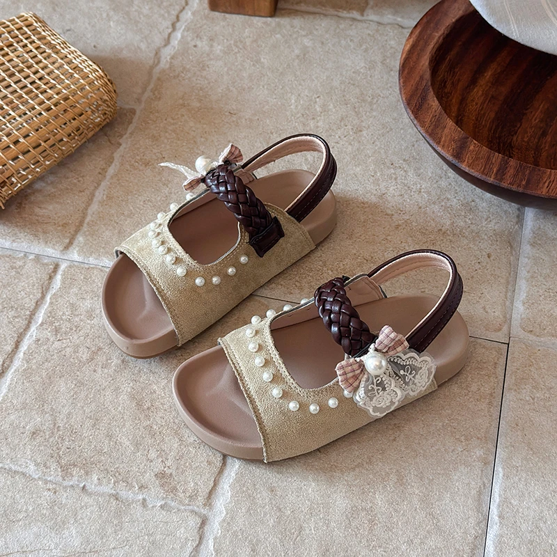 Girls Sandals Kids Summer Shoes Children Beach Sandals with Pearls Princess Sweet Anti-slippery Open Toes Lace Bow Chic Beading