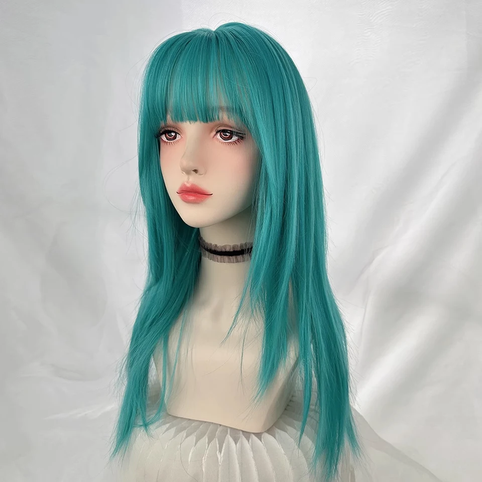 Peluca sintética larga y lacia color verde azulado con flequillo, para mujer, esponjosa y resistente al calor, para uso diario y fiestas 3