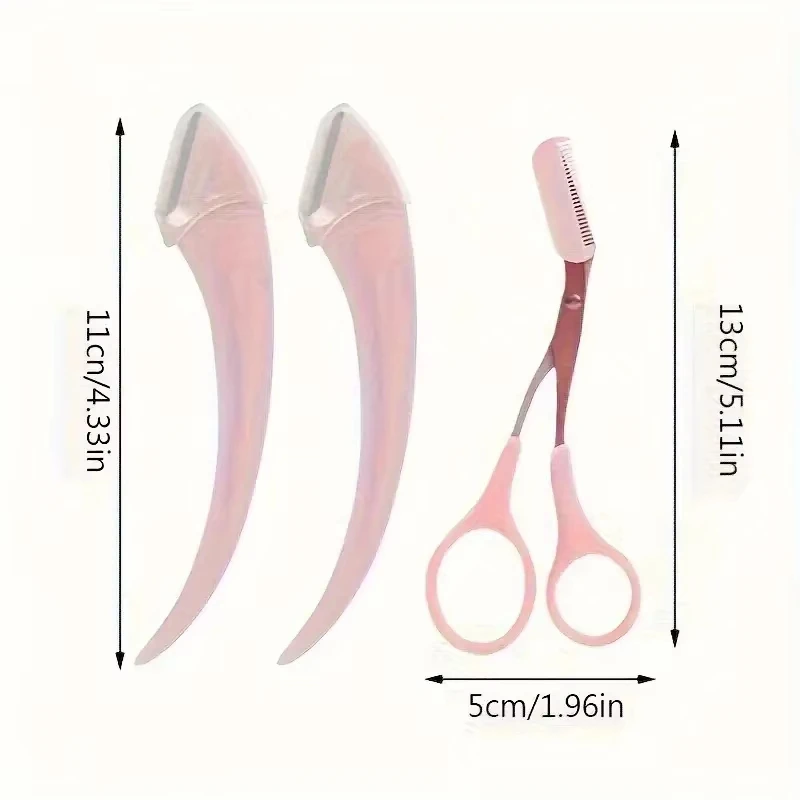 A Three-Piece Eyebrow Grooming Tool Set, Including Precision Eyebrow Scissors, A Curved Eyebrow Trimmer, And A Comb.