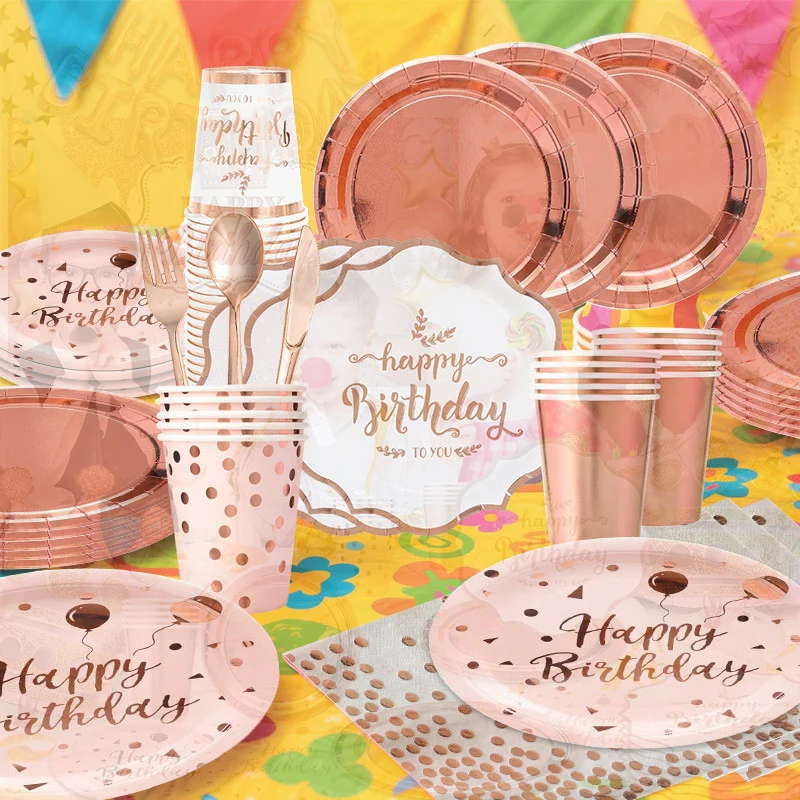 Perlengkapan Dekorasi Pesta Rose Gold Set Lengkap Piring Gelas Serbet Taplak Meja Latar Belakang Balon Peralatan Makan Perlengkapan Pernikahan Dekorasi Suvenir Pesta