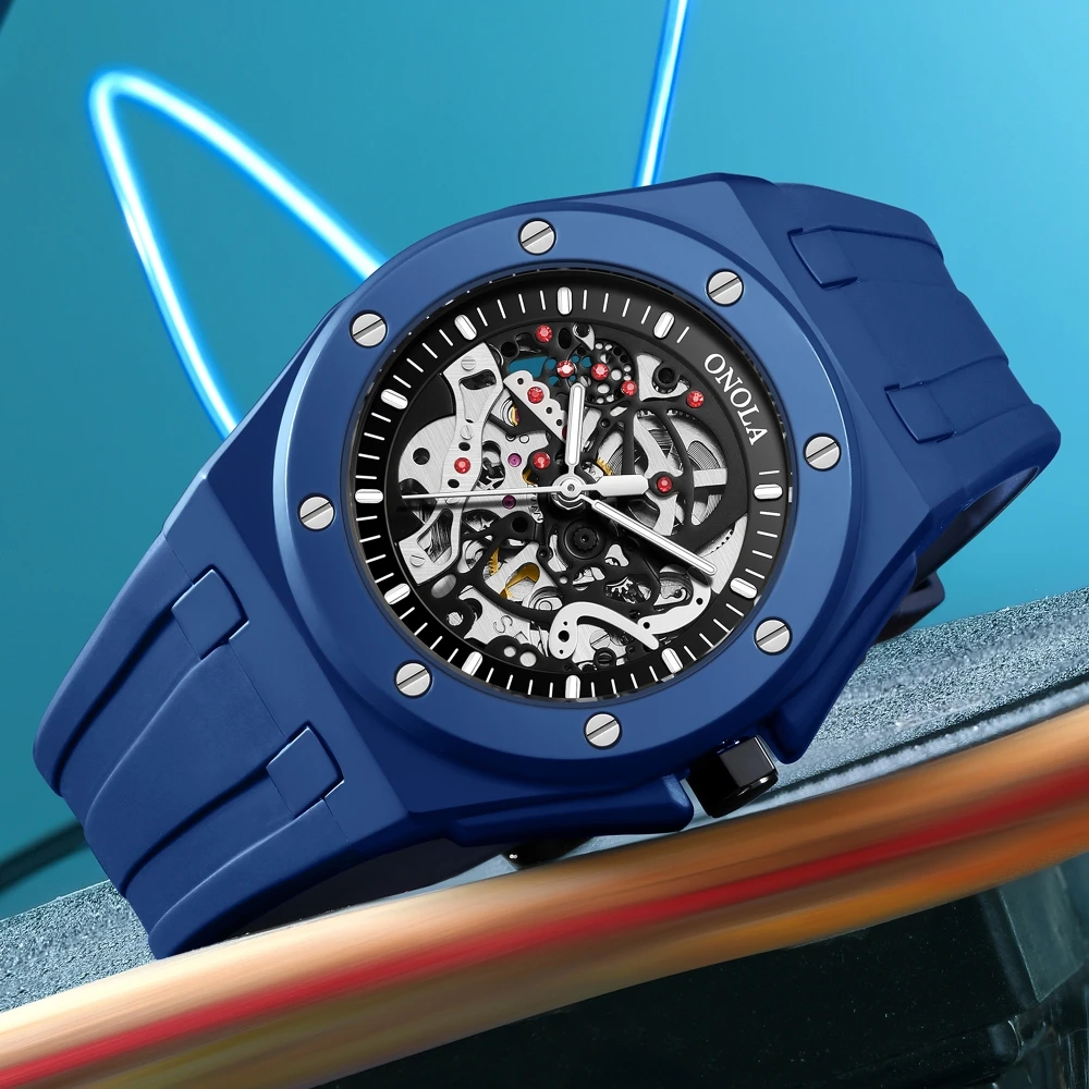 

New hollowed out fully automatic mechanical watch for men, ONOLA fashion multi-color silicone tape waterproof watch