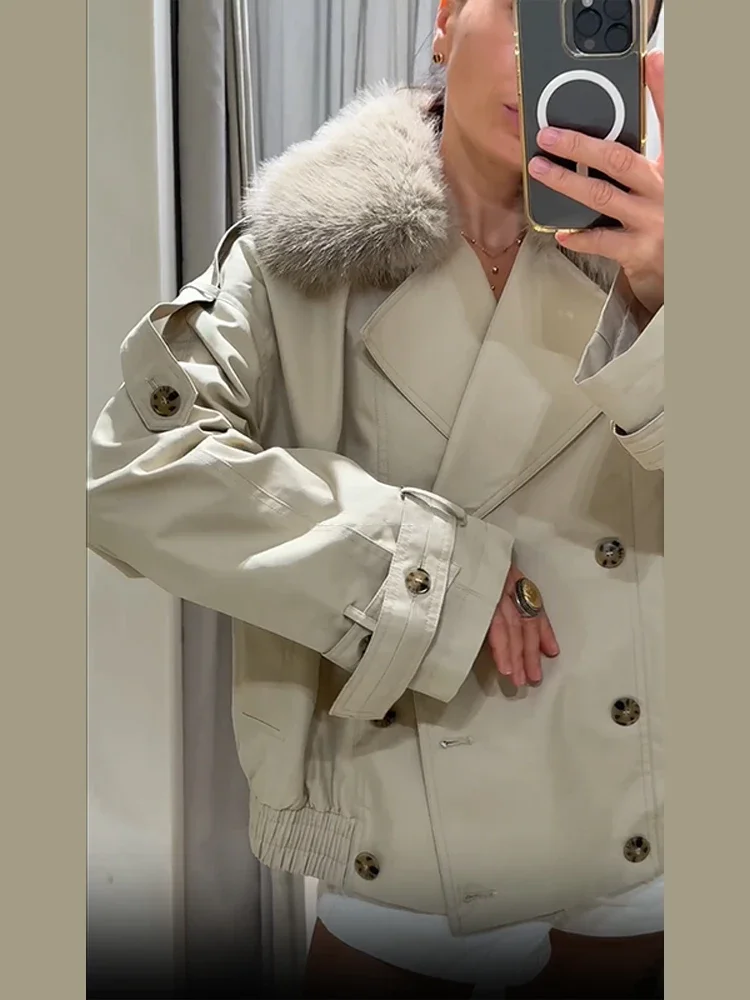 Chic Fur Collar Short Windbreaker Coat Women Fashion Double Breasted Pocket Loose Jacket Autumn Daily Commuting Office Outerwear