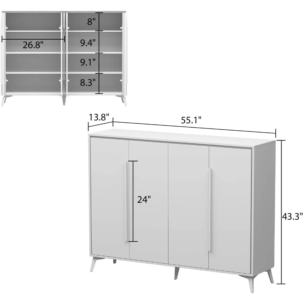 4-Tier Shoe Storage Cabinet with Adjustable Shelves & 4 Doors, Wood Shoe Rack Organizer with Metal Legs Free Standing