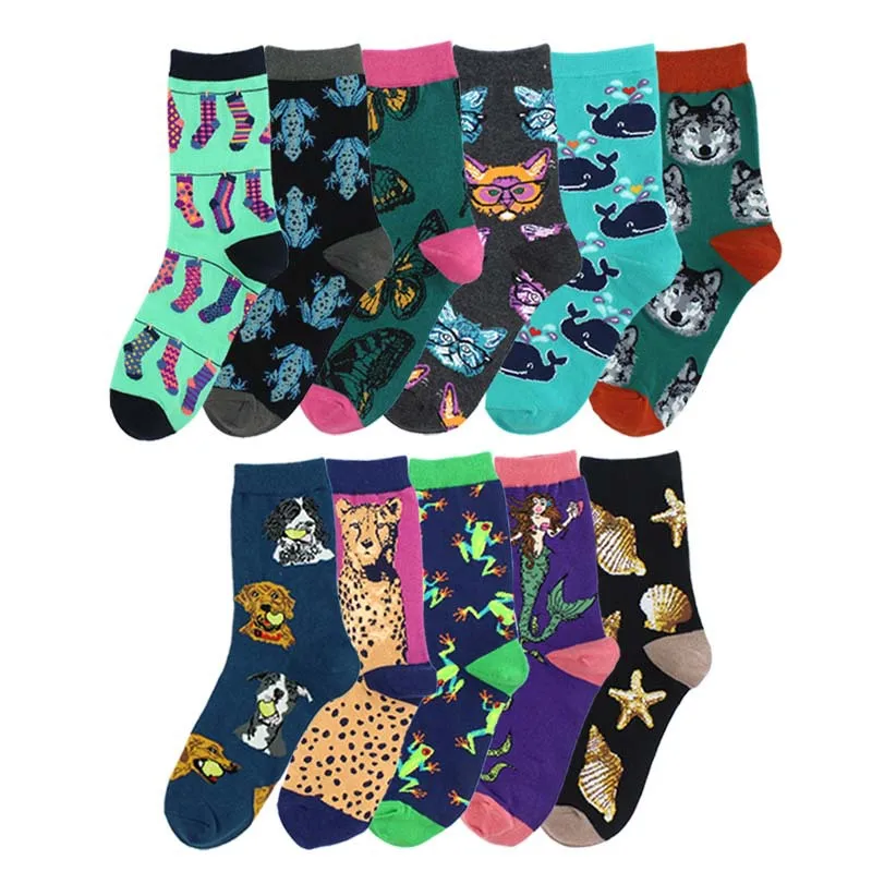 Drop Ship Mid Crew Socks Starfish Conch Shell Fossil Cheetah Toad Butterfly Whale Mermaid Wolf Golden Retriever Great Dane