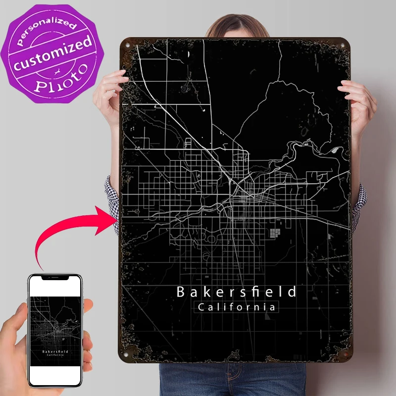 

Bakersfield California City Map Black Printed Poster Wall Art Retro Vintage Metal Tin Signs for Garage Decoration Gaming House