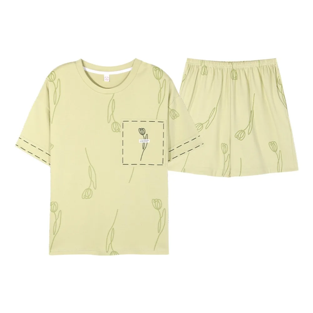 

Casual Flower Cotton Shorts Pajamas Set Bear Rabbit Thin Cartoon Cotton Pajamas Loose Summer Women Nightwear Suit Gifts