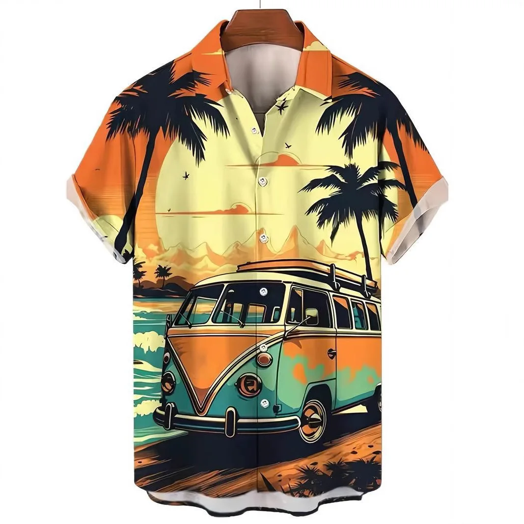 Summer Realistic Palm Sailboat Multi Scenic Printed Short Sleeved Shirt Breathable Men's Top