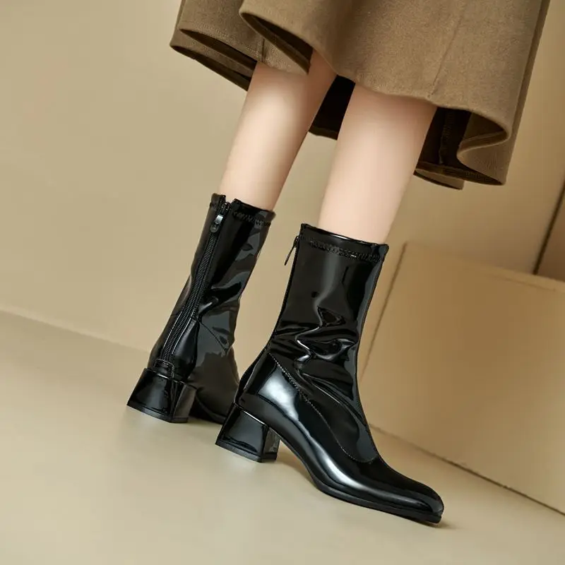 

SIMLOVEYO 2025 Дизайнерские женские сапоги до середины икры на молнии, большой размер 45 46, блестящая обувь для свиданий, золотистый, серебристый, горячий круглый носок, блочные каблуки 4,5 см