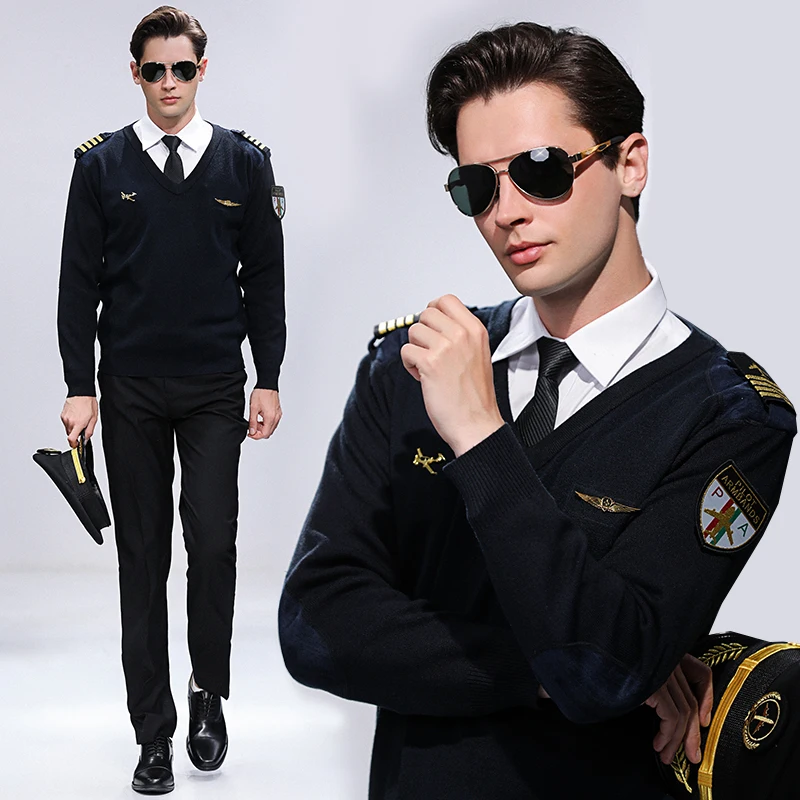 Suéter de uniforme de piloto, traje de vuelo de lana de imitación, chaleco de lana con cuello en V de capitán, uniforme de aviación de invierno