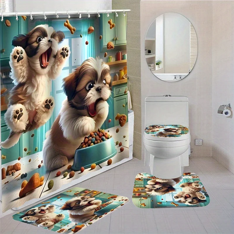 4-teiliges Lustiges Welpen-Duschvorhang-Set - Cartoon Haustier Badezimmer-Deko mit Teppichen - Waschbarer Stoffvorhang und Toilettendeckel-Abdeckung