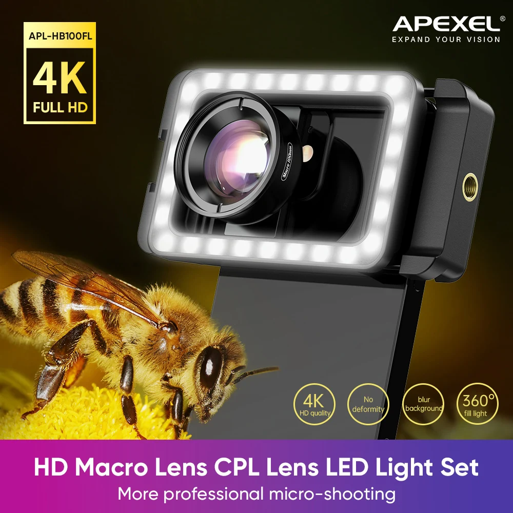 

Apexel 100mm Mobile Macro Lens 4K HD Portable Micro Lens With LED Fill Light Phone Photography Lentes Attachment Video Recording