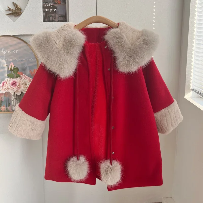 Christmas winter girl western style big fur collar lapel red woolen coat baby plus fleece warm coat stylish top coat