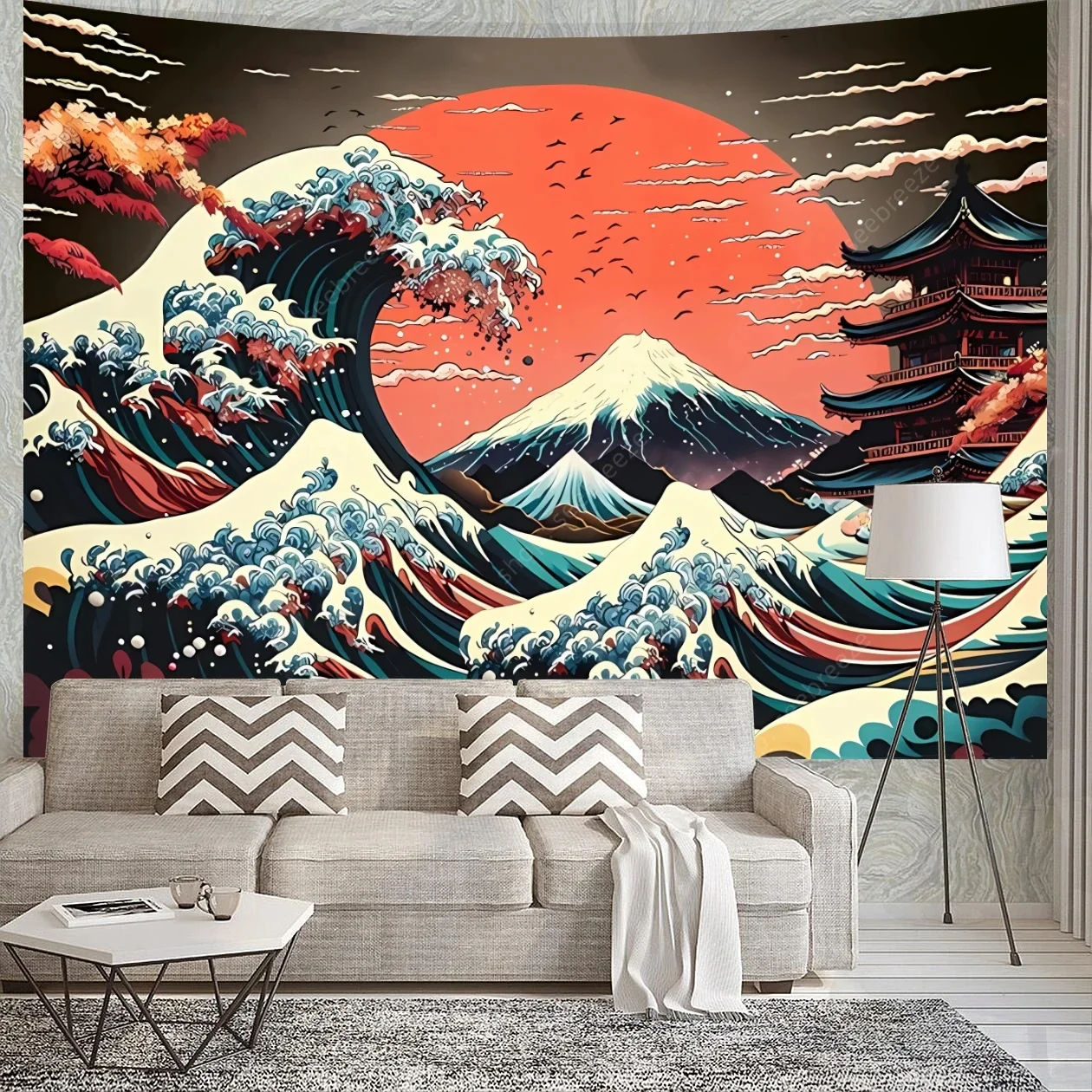 Tapisserie Japonaise Réactive aux UV, Grandes Vagues, Mont Fuji, pour Décoration de Chambre, Couverture de Rideau Esthétique, Décor Mural de Maison