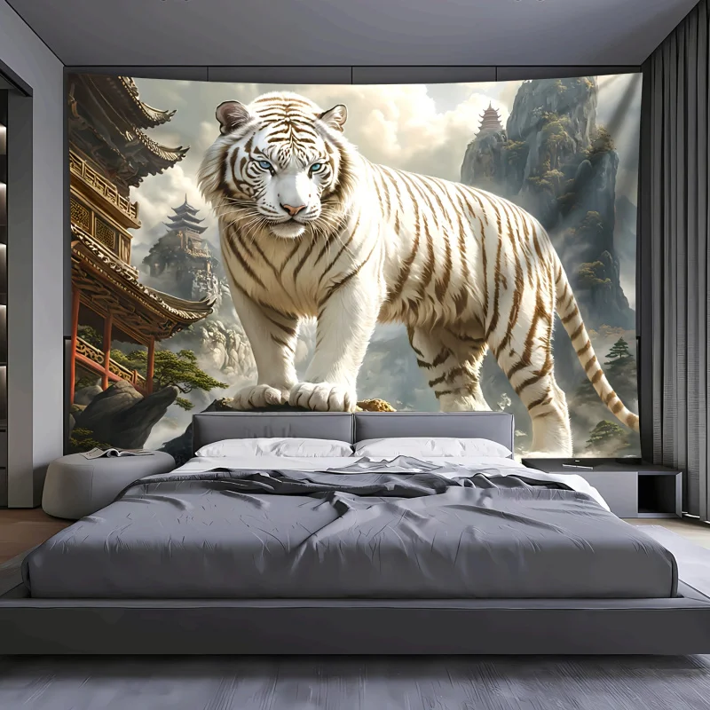 VIKAMA3D White Tiger Polyester Tapestry, Modern Home Decoration Tapestry, Wall Decoration For Bedrooms And Living Rooms
