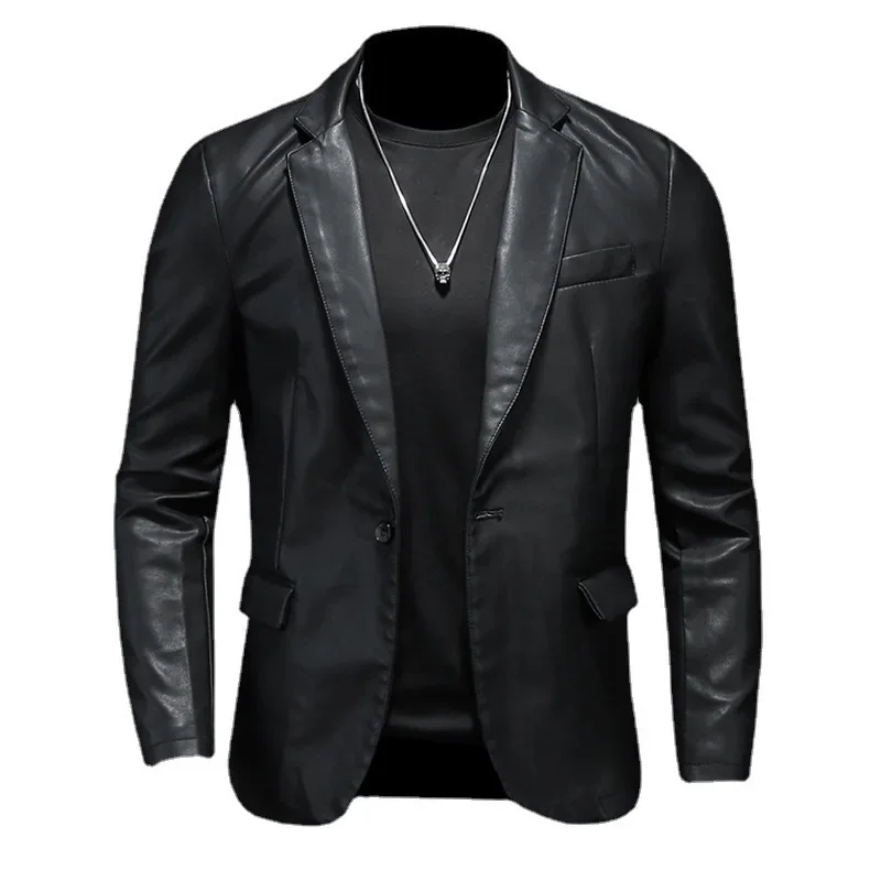 Men's Black Pu Leather Jacket Coat 2025 Spring and Autumn Korean Fashion Slim Fit Lapel Blazers Men Casual Faux Leather Jacket