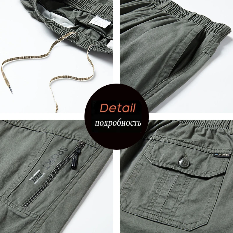 Summer Men Cotton Cargo Shorts Knee Pocket Casual Tactical Short Elastic Waist Climbing Sports Joggers Cropped Pants Male