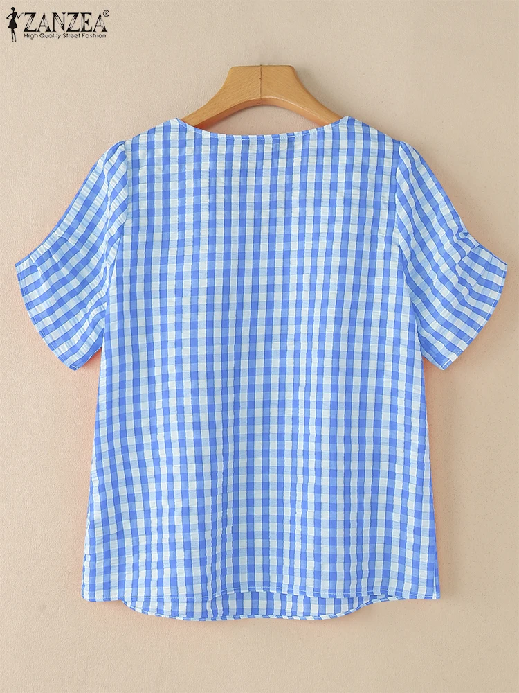 Femmes été Plaid Blouses à carreaux 2025 ZANZEA élégant col carré à manches courtes chemise de travail élégant vacances hauts femmes Blusas