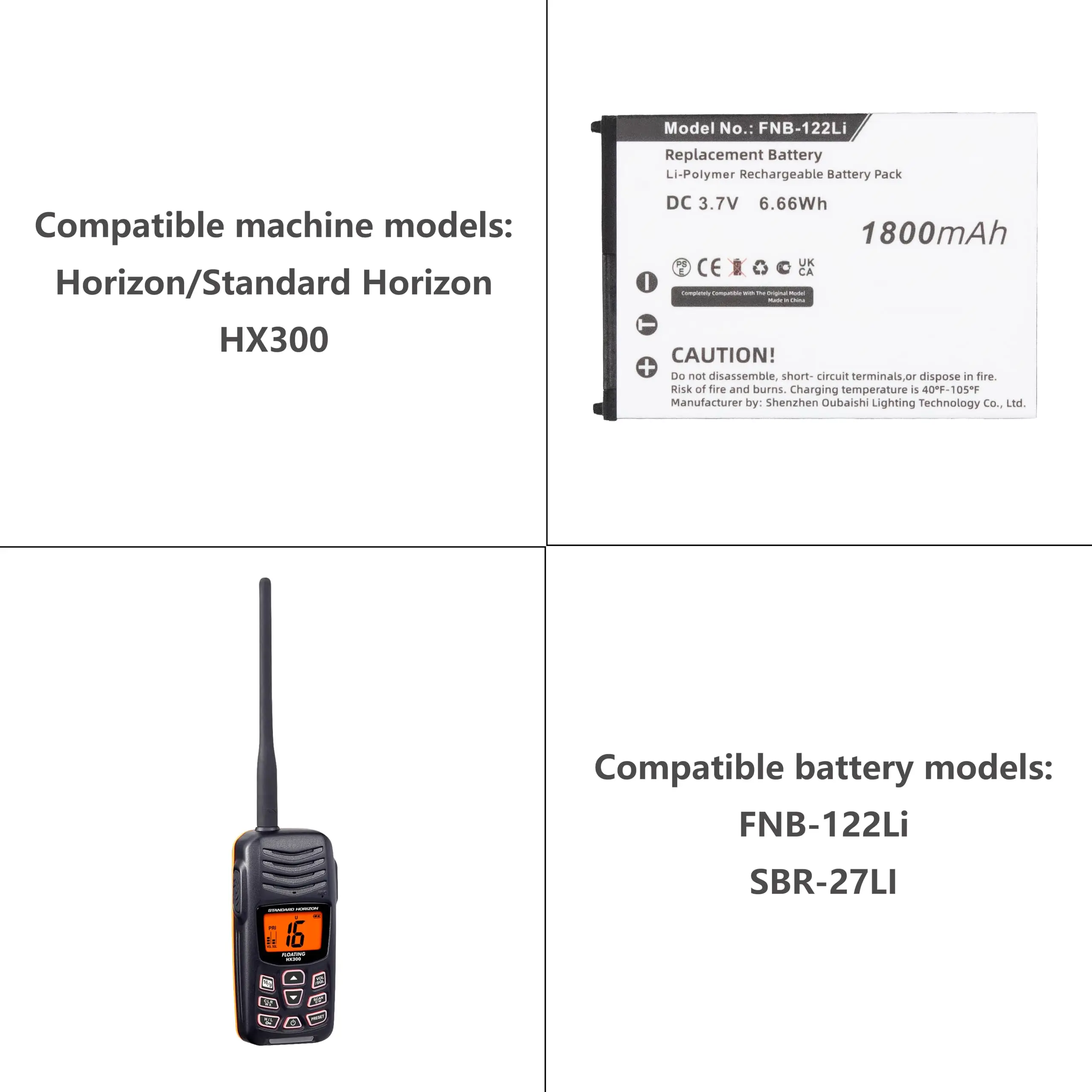 Horizon HX300 FNB-122Li 교체 배터리, SBR-27LI 3.7V/mA