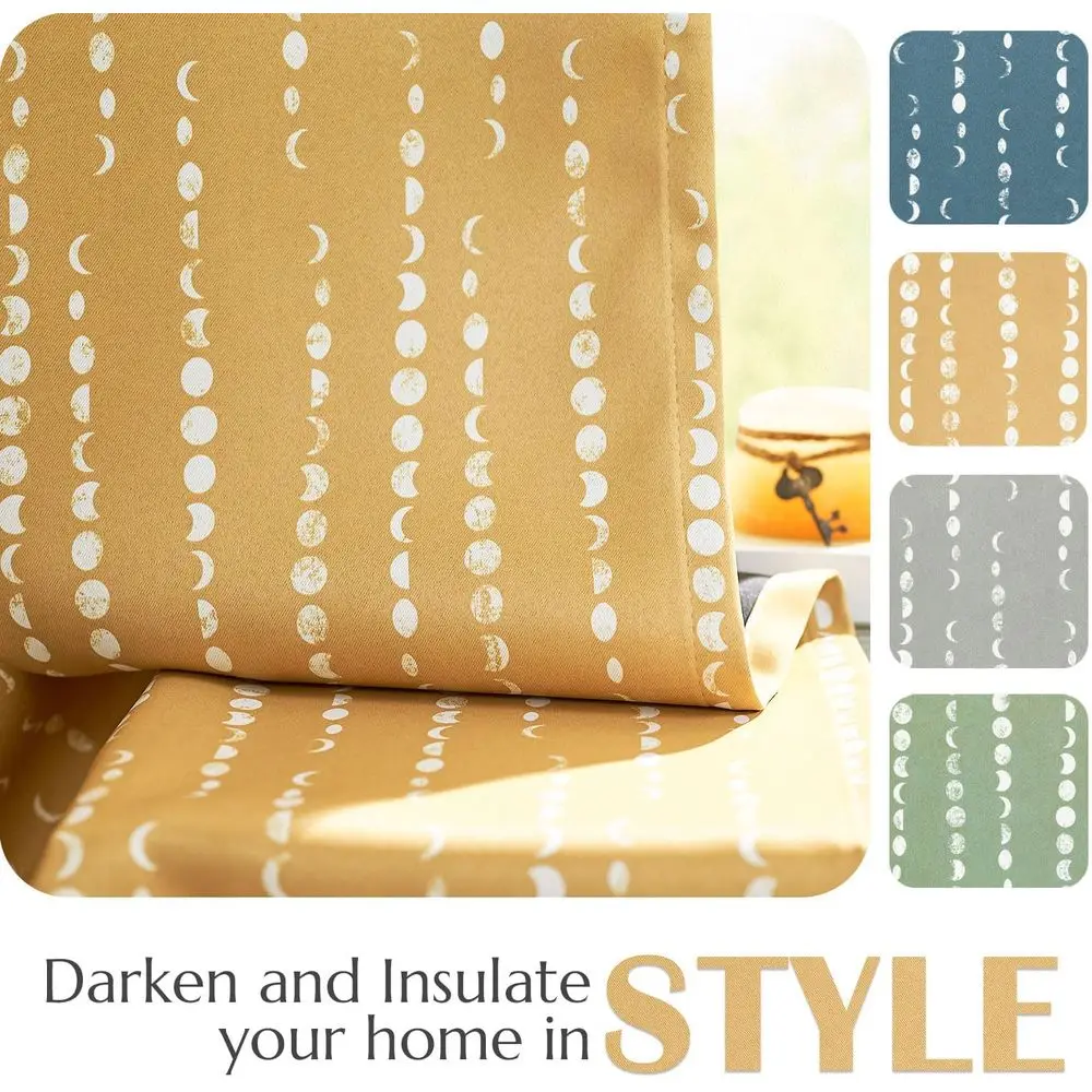 Rideaux Boho moutarde 84 longs avec phases de lune, occultants 95%, isolation thermique, poche pour tringle, ensemble de 2 panneaux pour chambre/enfant