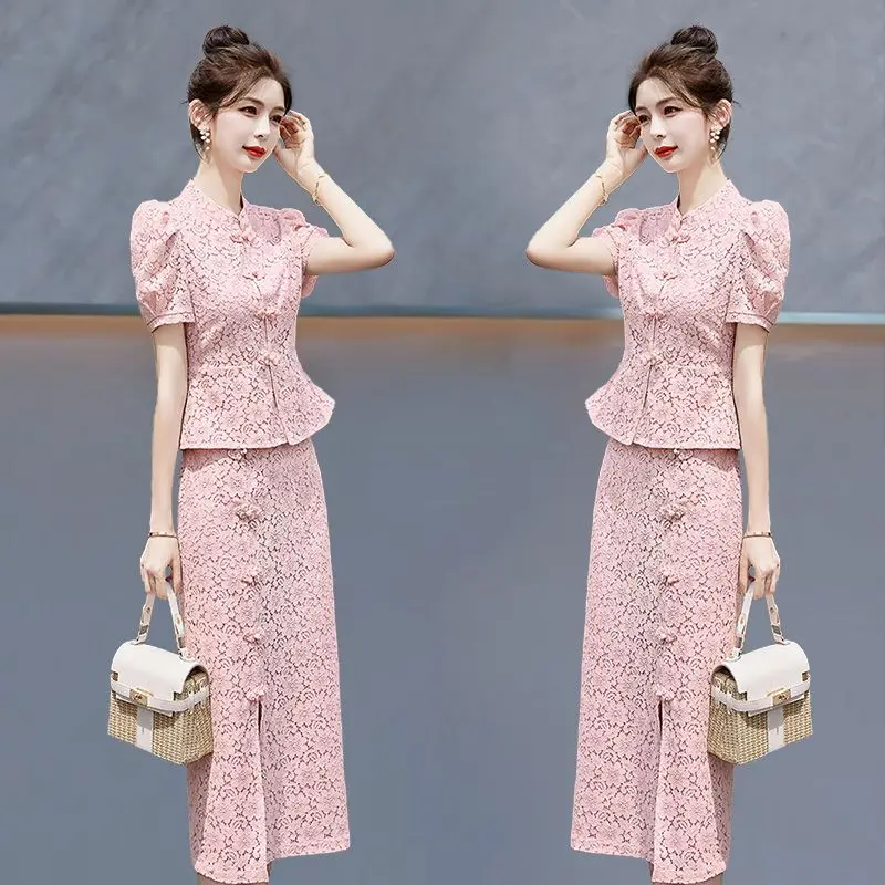 

Set Improved Cheongsam Skirt Set For Women 2025 Summer New Style Chinese Temperament Bag Hip Skirt Two Piece Fashion
