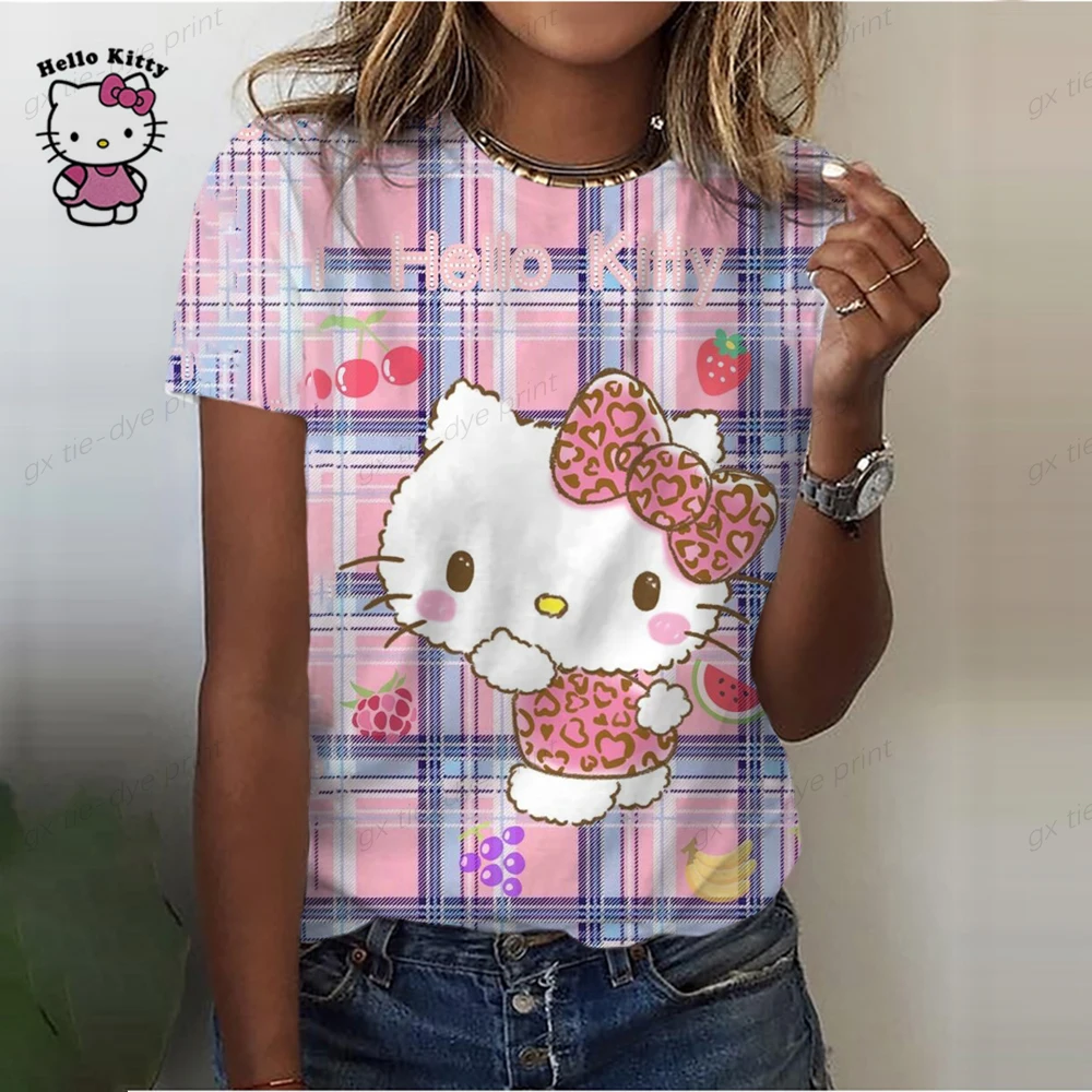 Cartoon Hello Kitty Graphic Print Ladies spring and autumn T-Shirt 90S Summer Loose Blouses Short Sleeve Round Neck Female Top