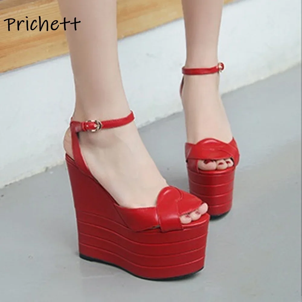 

Stripe Platform Wedges Sandals Red Leather Ankle Band Peep Toe Thick Soled Summer Runway Shoes Sexy Women's High Heels Shoes