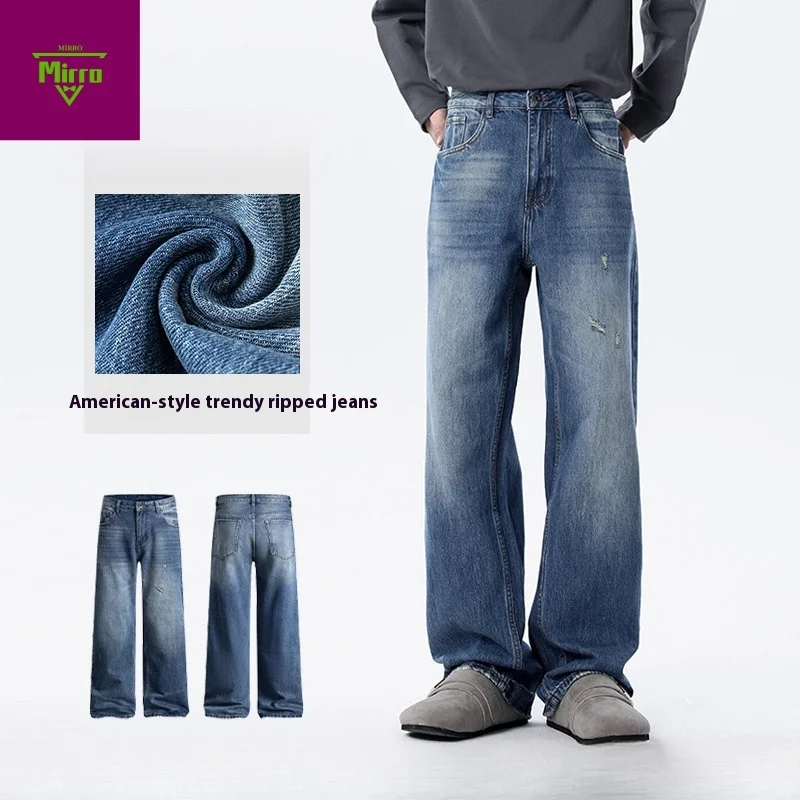 【Mirrordust】Celana Jeans Biru Vintage untuk Pria, Gaya High Street Amerika Musim Gugur, Celana Panjang Sederhana, Celana Lurus Kelas Atas Serbaguna