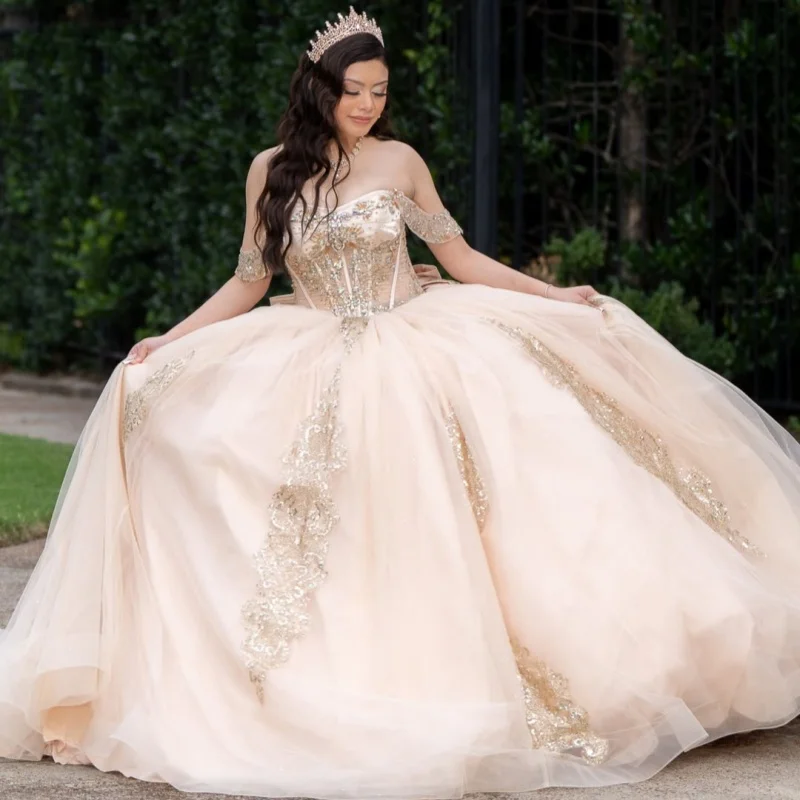 Light Champagne Quinceanera Dress Glitter Crystal Decal Long tail off-shoulder Bow Vestidos De 15 Quinceanera ﻿Customize