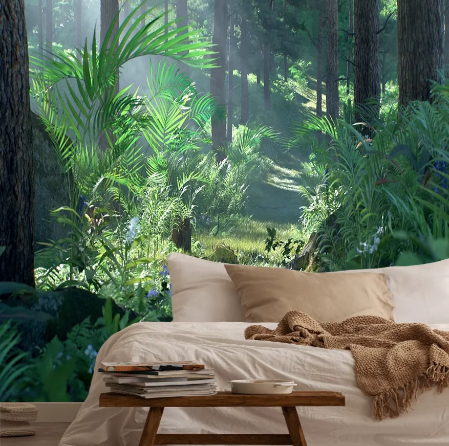 Custom size mural wild forest scenery wallpaper big tree fern leaves decorative painting primitive forest background 3d murals