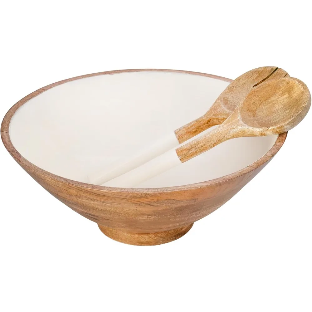 

Wooden Salad Bowl Set (Large Serving Bowl w/Utensils); Salad Serving Set in Mango Wood