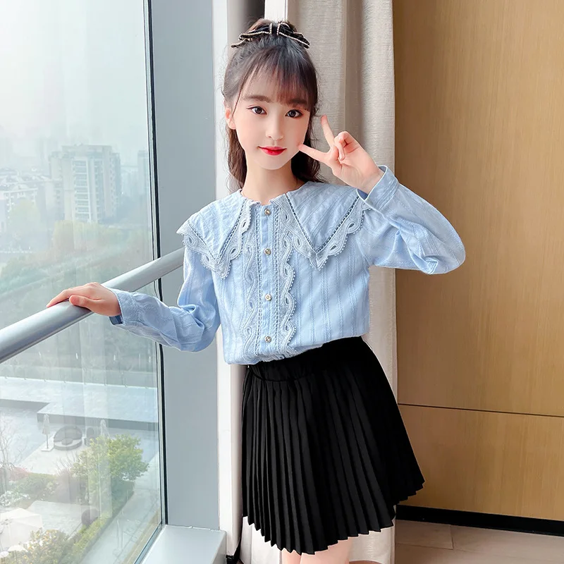 New Girls Blue Beige Blouse Fall Cute Long Sleeves Children Cotton Shirts Girl Blouses Teenager School Clothes Kids Tops 6 8 10Y