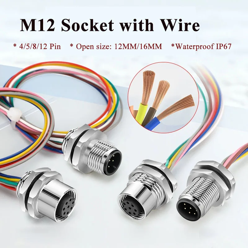 مقاوم للماء M12 4 5 8 12 دبوس مقبس الطيران مع سلك 20 سنتيمتر IP68 ذكر موصل سالب كابل مفتوح 12 مللي متر/16 مللي متر لوحة جبل مآخذ