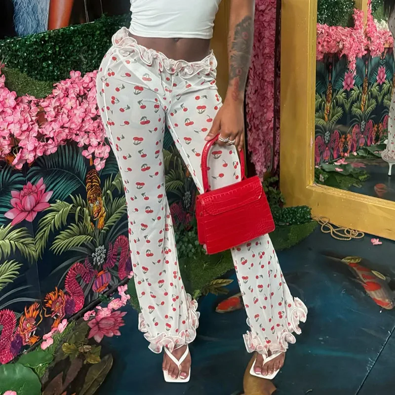 Cherry Print Mesh Sexy Micro Flare Pants 2025 Spring and Summer Cake Edge Elastic Waist Trousers Party Club Streetwear