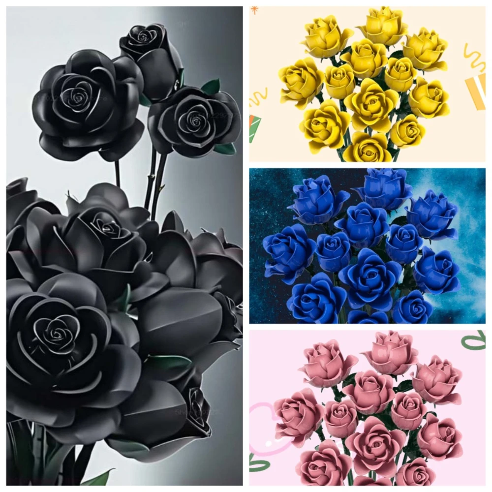 

MOC Blossom Black Purple Yellow Pink Roses Flower Botanical Blocks Set Multi Color Wedding Decor Toys For Children Birthday Gift