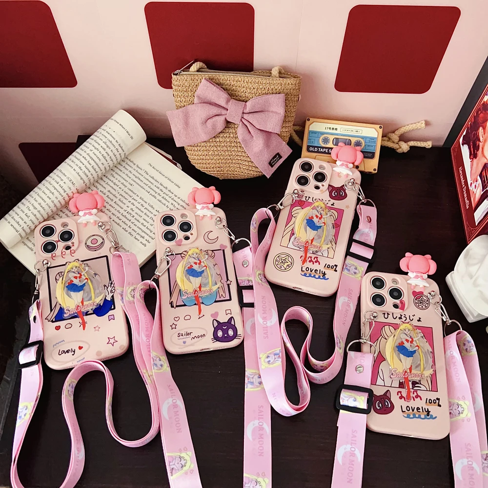 Dla Samsung Galaxy A12 A11 A71 A51 A52 A22 A02s A32 A13 A53 A03s A04s A20s A33 A73 A23 Pink Moon Case With Holder Rope