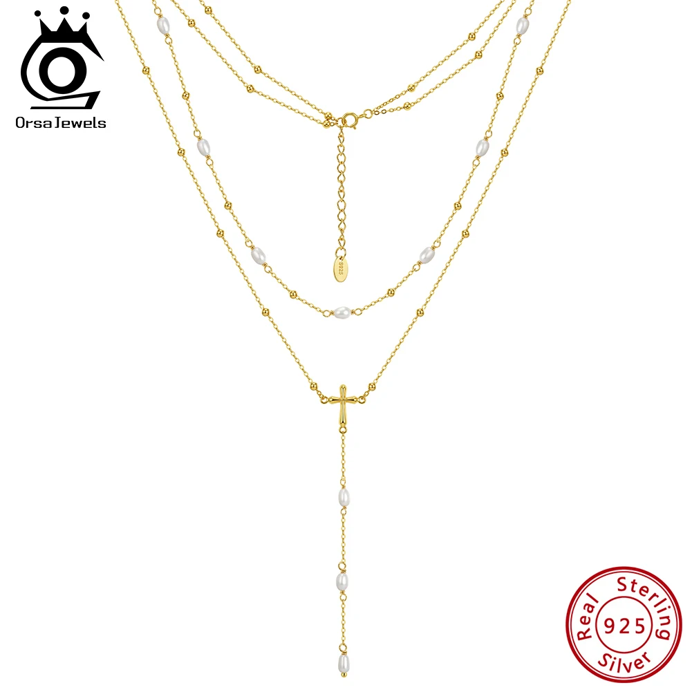 ORSA JEWELS 925 Pure Silver Natural Pearl Y-Shaped Lariat Necklace Layered Long Sweater Chain Drop Bridal Banquet Jewelry GPN105