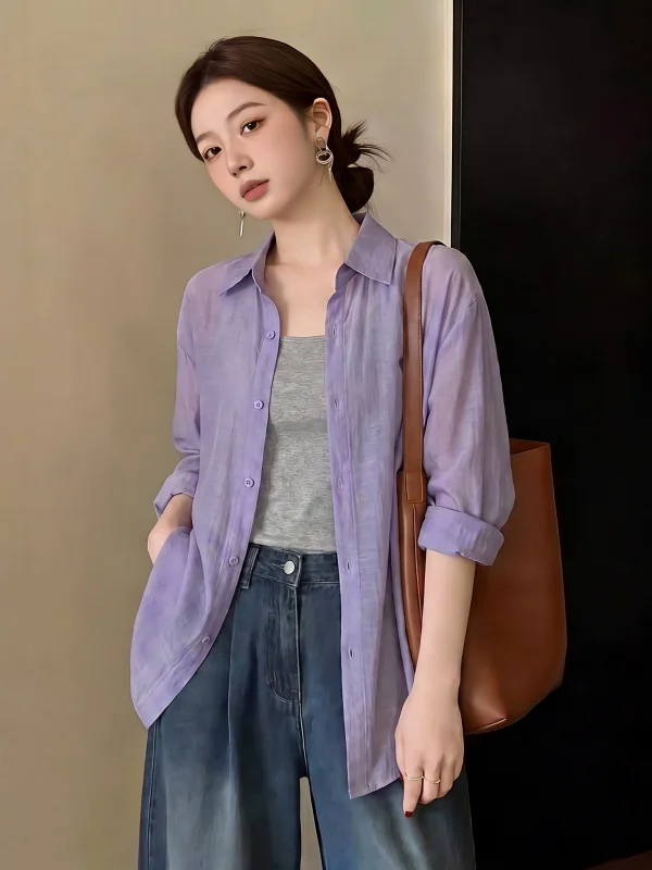 

Summer 2026 plus Size Purple Sun Protection Shirt Cardigan Thin Strap Vest Top Two-Piece Set Women's Commute Style Loose Fit