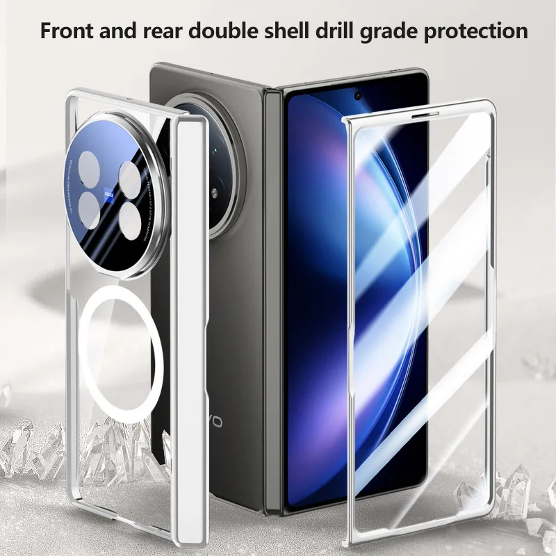 

Electroplate Clear Case For Vivo X Fold5 Fold 5 5G Magnetic Folding Hinge Alloy Lens Holder Protective Cover With Tempered Glass