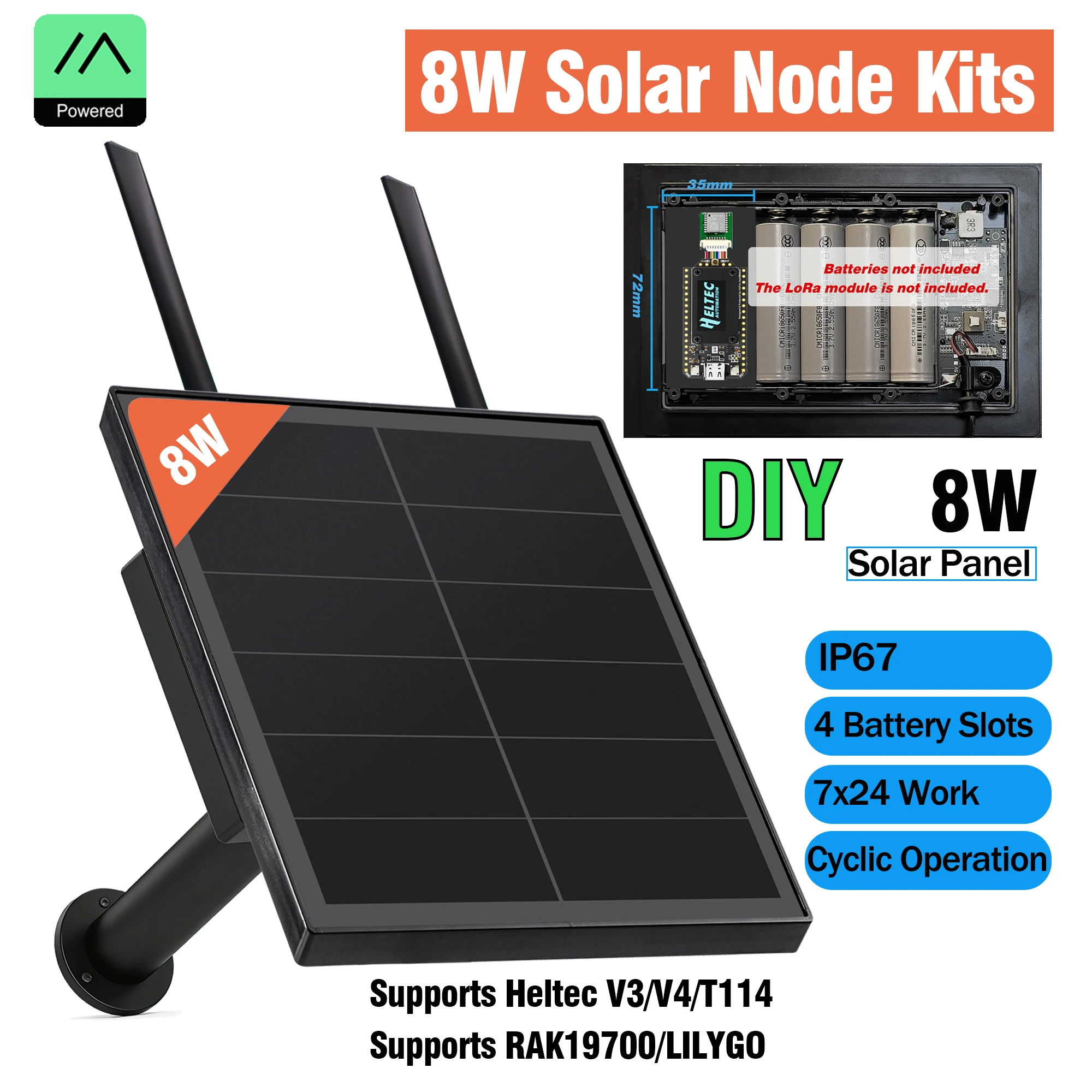 Meshtastic Solar LoRa Node 868MHz 8W zonnepaneel IP67 waterdicht 18650 batterij voor Heltec V3/V4/T114 RAK4630 Arduino Nrf52840 - afbeelding 2