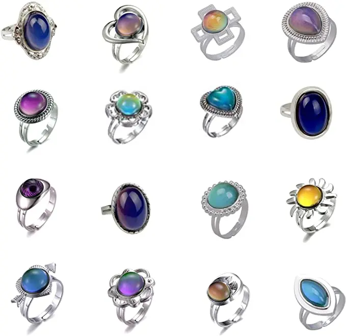 16pcs/lot Vintage Palace Gemstone Temperature Change Color Ring Adjustable Womens Rings  Gothic Jewelry Anillos Mujer