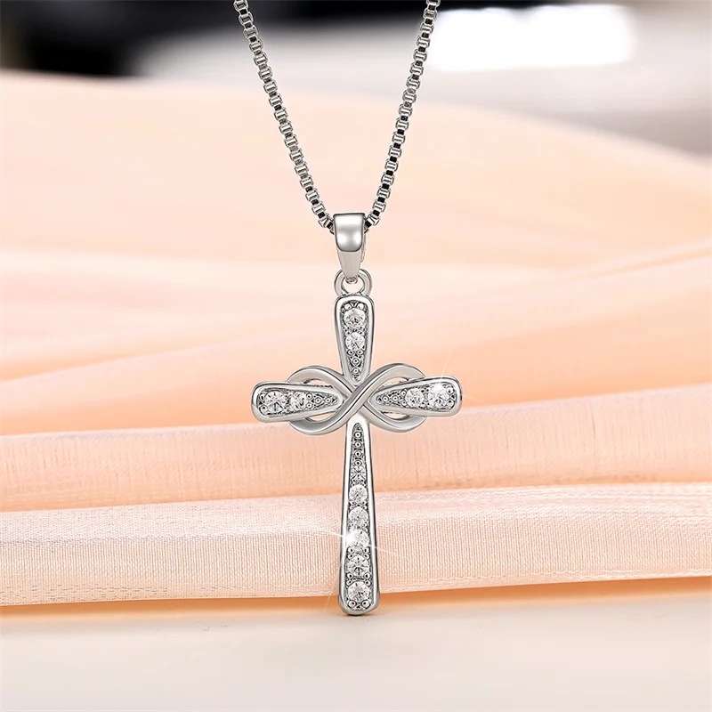 Huitan Infinity Cross Pendant Necklace for Women Silver Color Romantic Neck Accessories Bridal Wedding Trendy Love Jewelry Gift