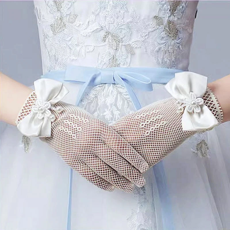 2 Pairs Lace Pearl Bow Mittens For Women Girls Sweet Princess Wedding Party Fishnet Gloves For Communion Thin Short Mesh Mittens