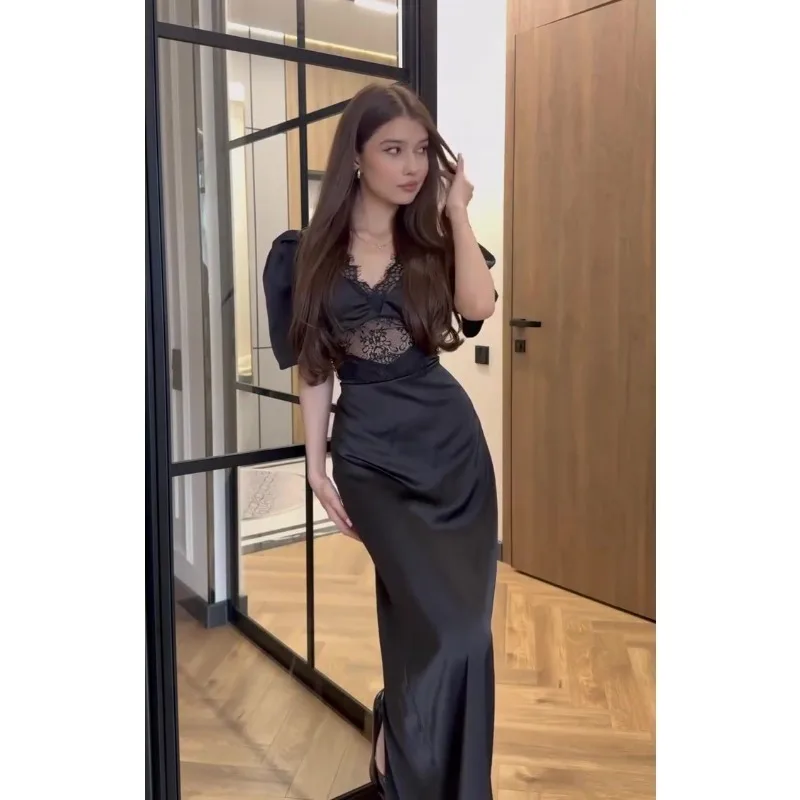 Elegant Satijn Kant Patchwork Hollow Out Jurk Vrouwen Sexy Sheer Split Party Club Avondjurk Herfst Winter Vestidos