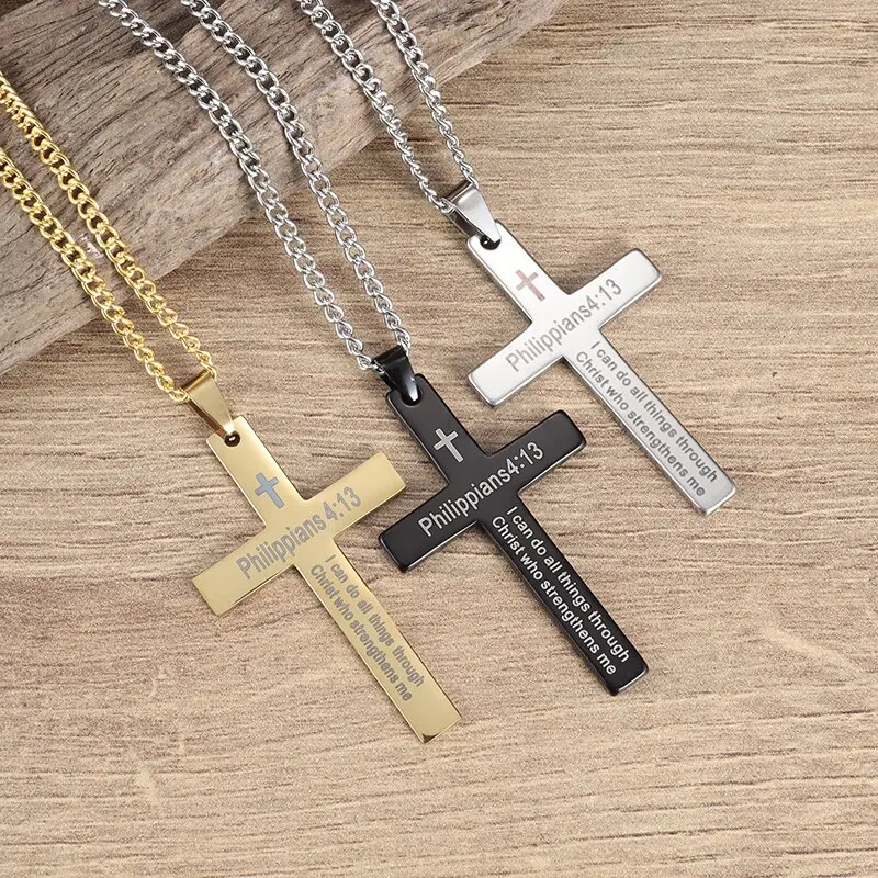 Christian Bible Cross Pendant Stainless Steel Necklace for Men Religious Prayer Lucky Amulet Jewelry Birthday Gift