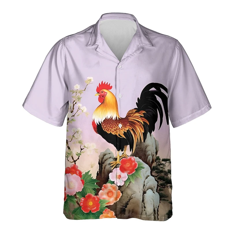 Chicken Hawaiian Shirts For Men Clothes Poultry Casual Button Down Short Sleeve Shirt Great Rooster Lapel Blouse Man Streetwear