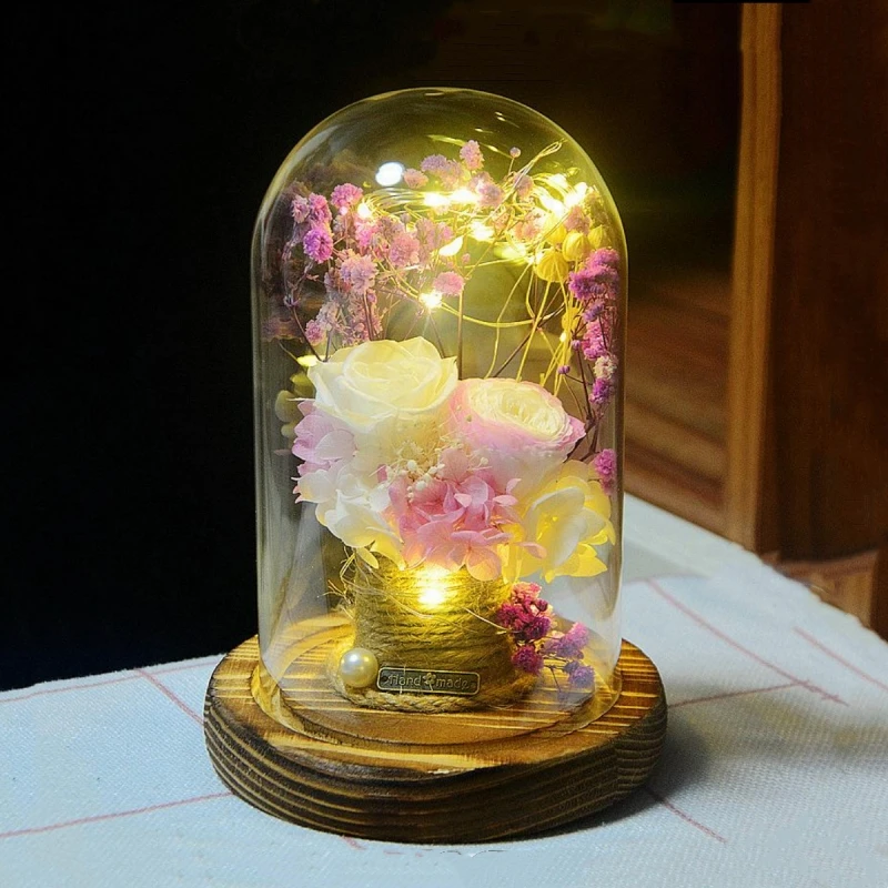 2sets/pack 9*15cm Flat Antique Base Glass Dome Vase Home Decoration Dried Flower Luminous Cover Wedding Prop DIY Friend Gift